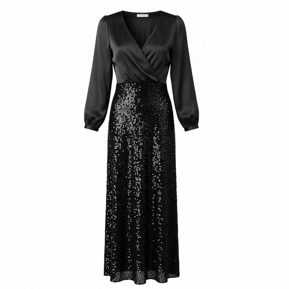 MISS ORD Elegant Black Wrap Dress with Sequin Skirt SIZE SMALL - Picture 2 of 7